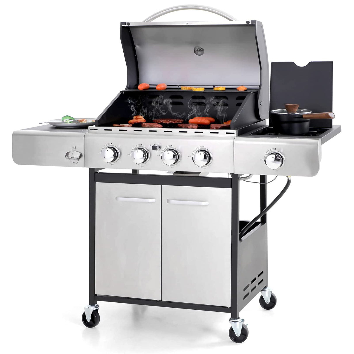 Sophia & William 4-Burner Gas BBQ Grill with Side Burner and Porcelain-Enameled Cast Iron Grates 42,000BTU Outdoor Cooking Stainless Steel Propane Grills Cabinet Style Garden Barbecue Grill, Silver