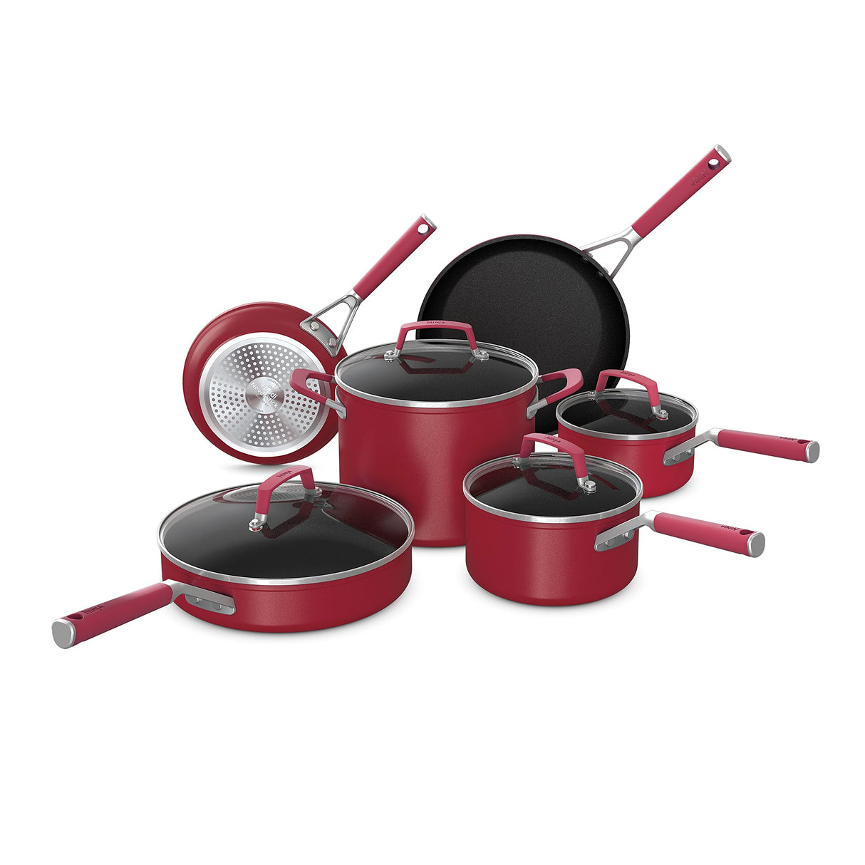 Ninja C29500 Foodi NeverStick Vivid 10-Piece Cookware Set with Lids, Nonstick, Durable & Oven Safe to 400°F, Cool-Touch Handles, Crimson Red