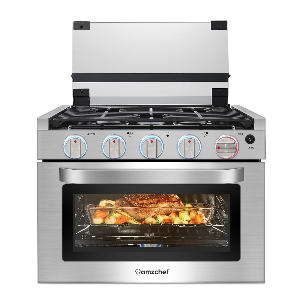 AMZCHEF 17 Inch Gas Range Stove 12V, Ideal for RV Use with 3 Burners, 1.24 Cu.Ft. Capacity Gas Oven, 28,100BTU, Open Flame Configuration, Knob work indicator, Heavy Duty Cast Iron Grates,