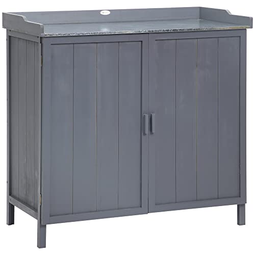 Outsunny Garden Storage Cabinet, Outdoor Tool Shed, Potting Bench Table with Galvanized Top and Two Shelves for Yard Tools or Pool Accessories, Grey