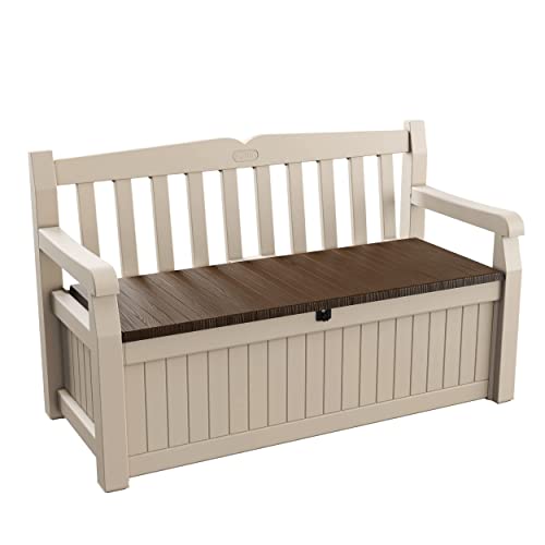 Keter Eden Bench 265L Outdoor 60% recycled Garden Furniture Storage Box Beige & Brown Wood Panel Effect | Fade Free | All Weather Resistant | Safe and Secure | Zero Maintenance | 2 year Warranty