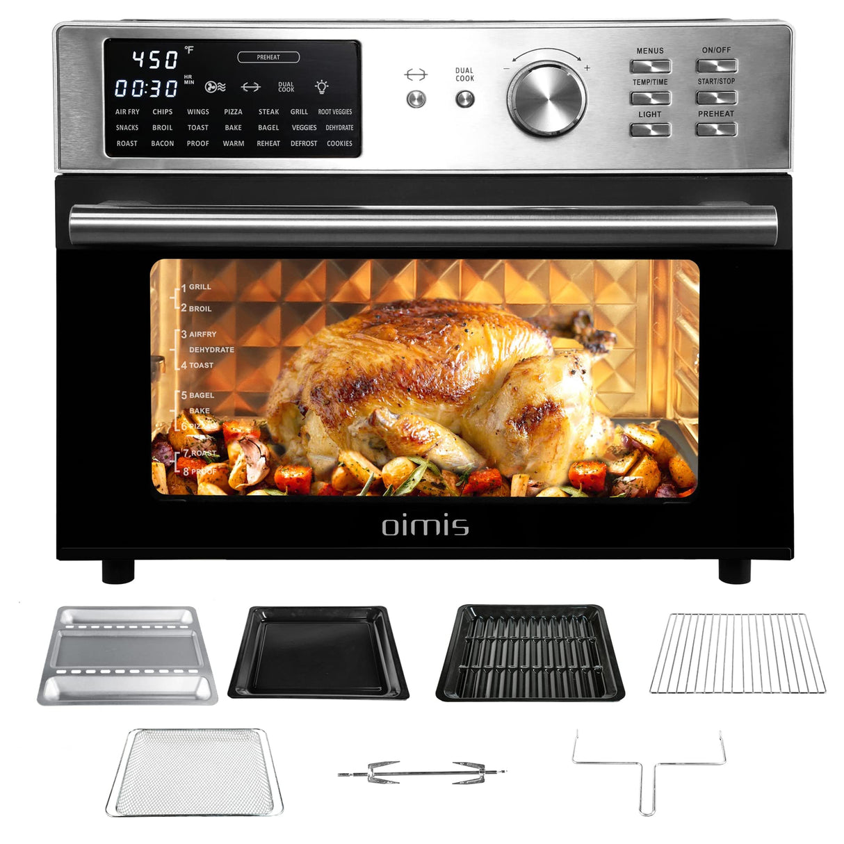 OIMIS Air Fryer Toaster Oven, 32QT Stainless Steel Toaster Oven 21-in-1 Extra Large Countertop Convection Rotisserie Oven Patented Dual Air Duct System with 7 Accessories Recipes